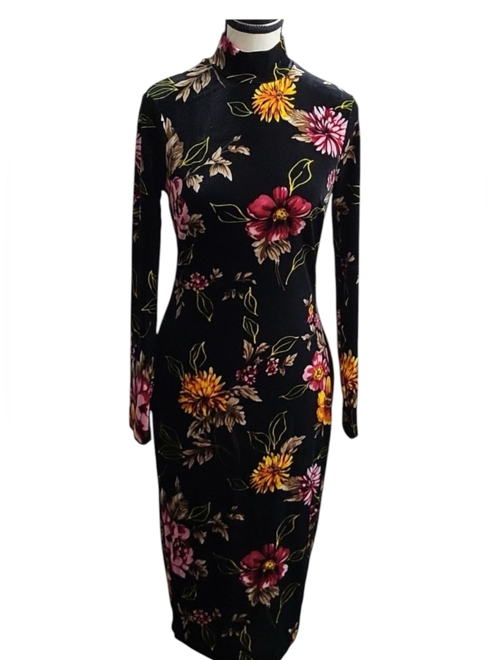 Venus Sz SM Black Velvet Bodycon Midi Dress Long Sleeve Mock Neck Floral Y2K - Picture 3 of 16
